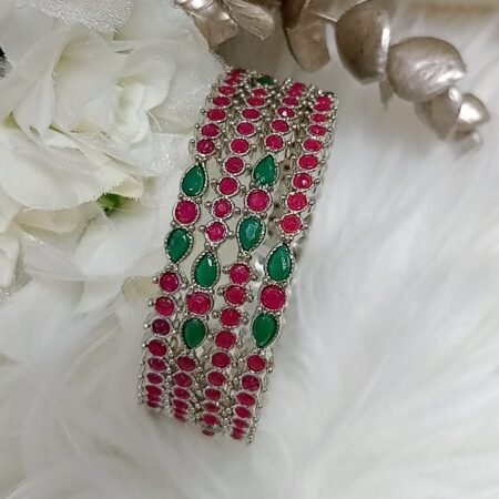 Waterdrop Pink Green 4pc Silver Bangle Set