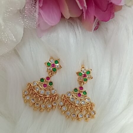 American Diamond Pink Green Gold Floral Gold Plated Earrings