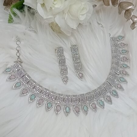 American Diamond Pastel Pink Green Silver Necklace Set
