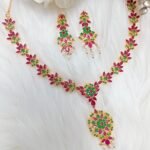 American Diamond Pink Green Gold Floral Necklace Set