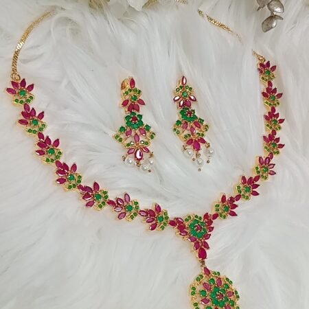 American Diamond Pink Green Gold Floral Necklace Set