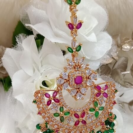 American Diamond Pink Green Gold Floral Tikka