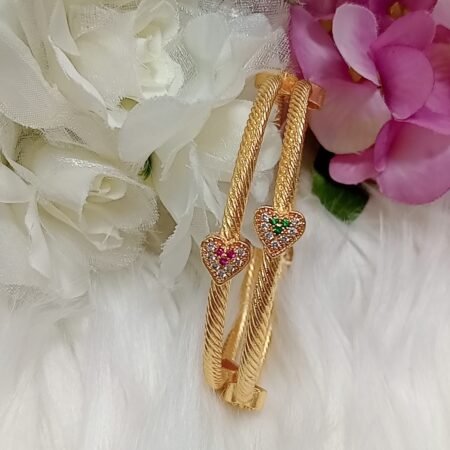 American Diamond Pink Green Hearts Design Gold Plated 2pc Bangle Set