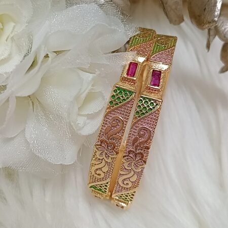 American Diamond Ruby Pink Green Gold Plated 2pc Floral Bangle Set