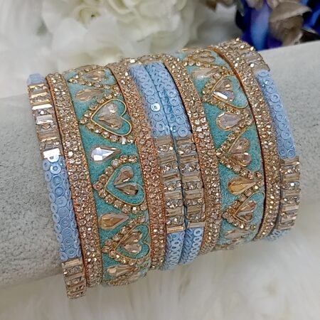 Baby Blue Sequin Gold and Hearts Bangle Set