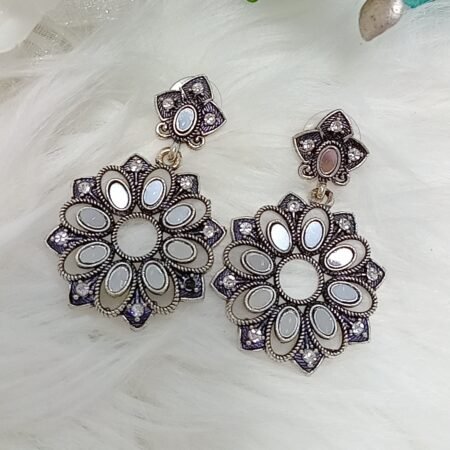 Black Silver Mirror Floral Oxidised Earrings