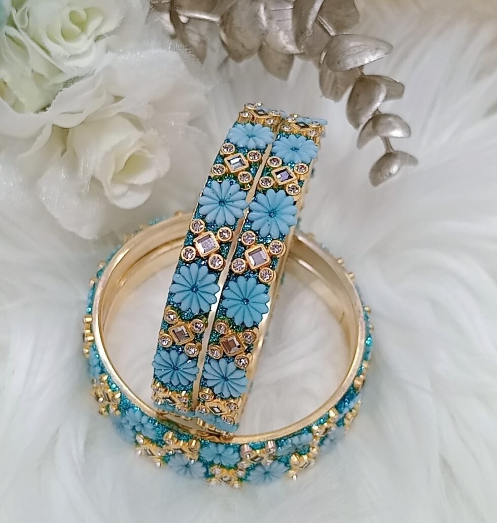 Trendy Blue Gold Flower 4pc Indian Bangle Set