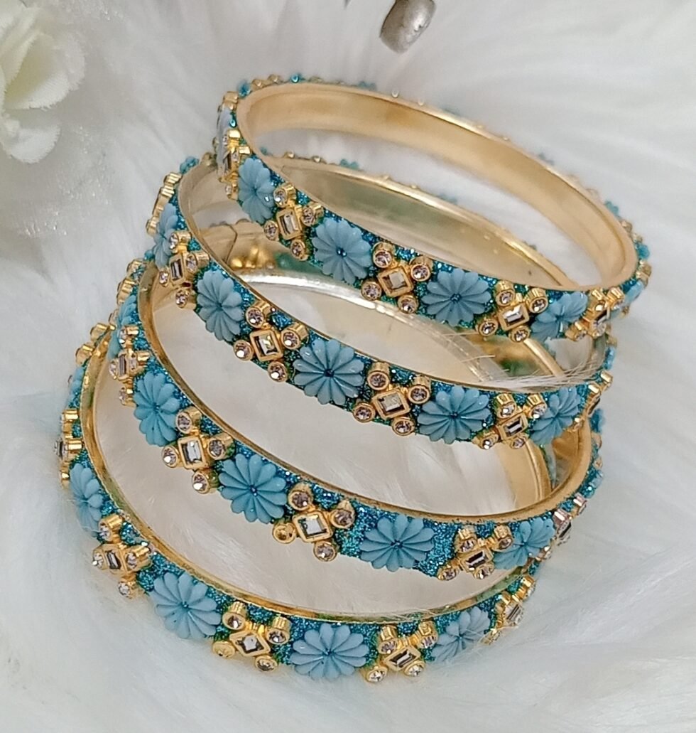 Trendy Blue Gold Floral 4pc Bangle Set