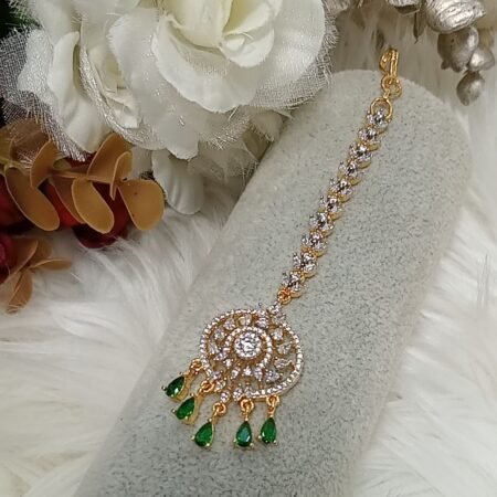 Luxurious Green Gold American Diamond Maang Tikka