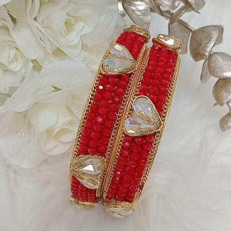 Goregous Golden Hearts Red Crystal Beaded 2pc Gold Indian Bangle Set