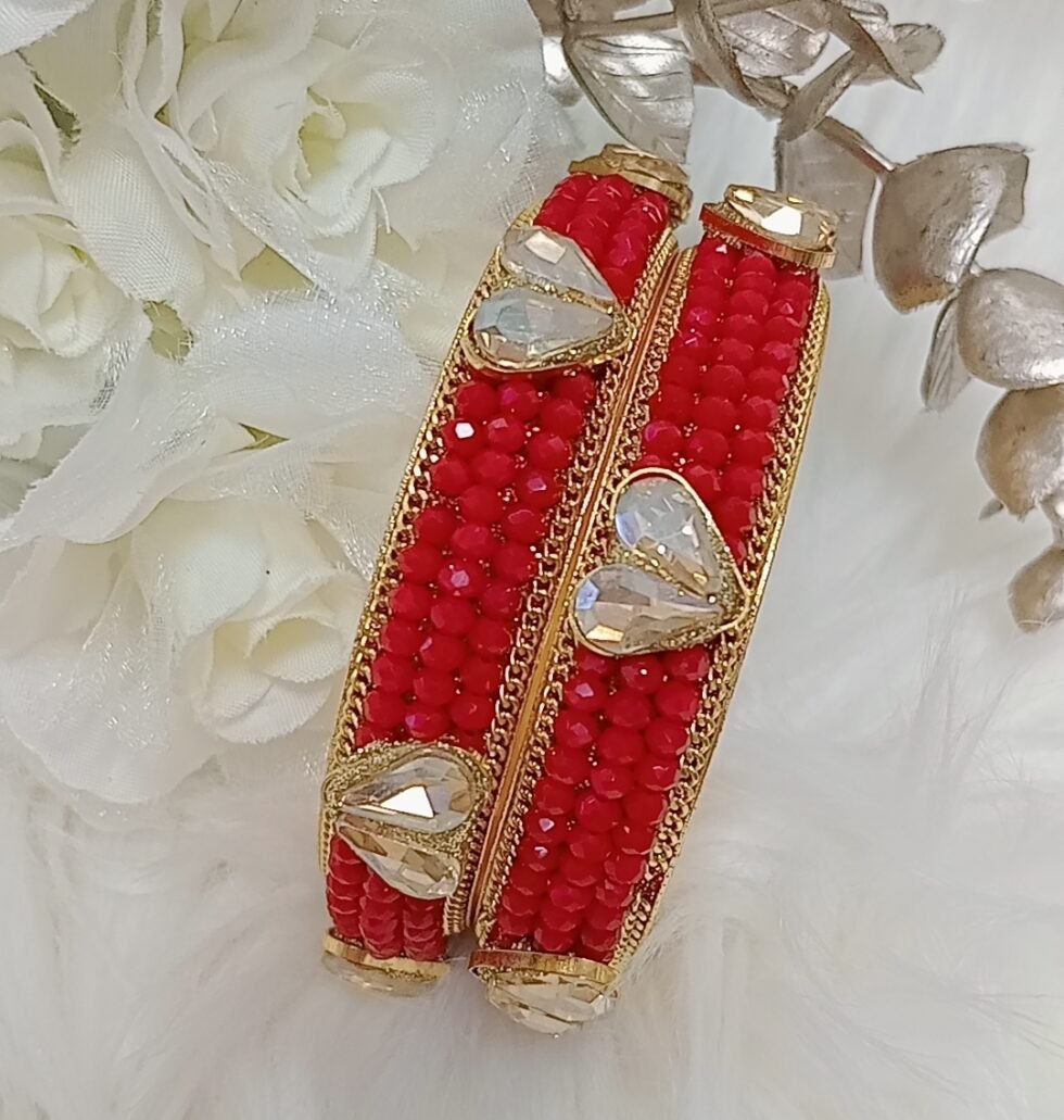 Goregous Golden Hearts Red Crystal Beaded 2pc Gold Indian Bangle Set