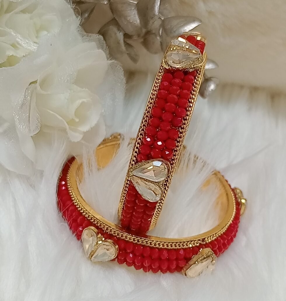 Goregous Golden Hearts Red Crystal Beaded 2pc Gold Indian Bangle Set