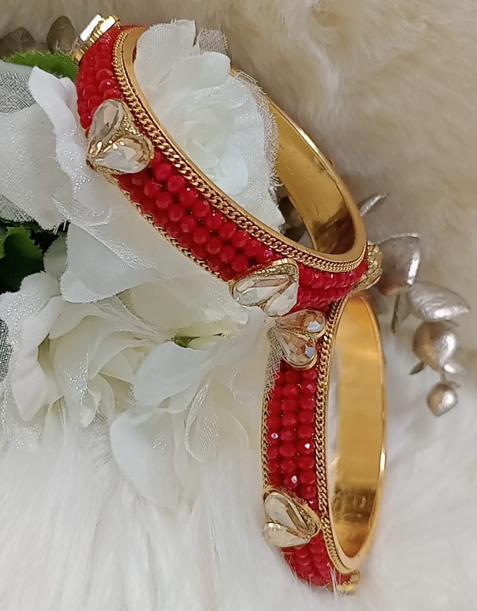Goregous Golden Hearts Red Crystal Beaded 2pc Gold Indian Bangle Set