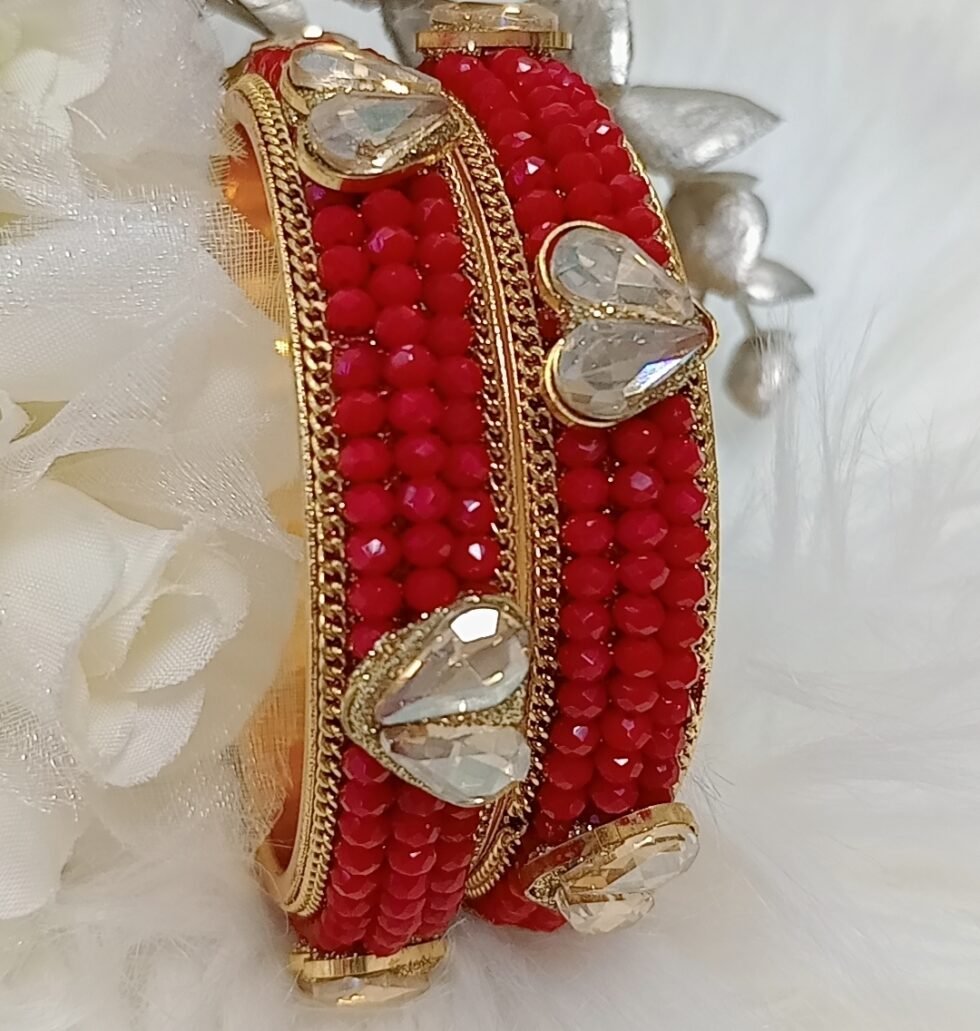 Goregous Golden Hearts Red Crystal Beaded 2pc Gold Indian Bangle Set