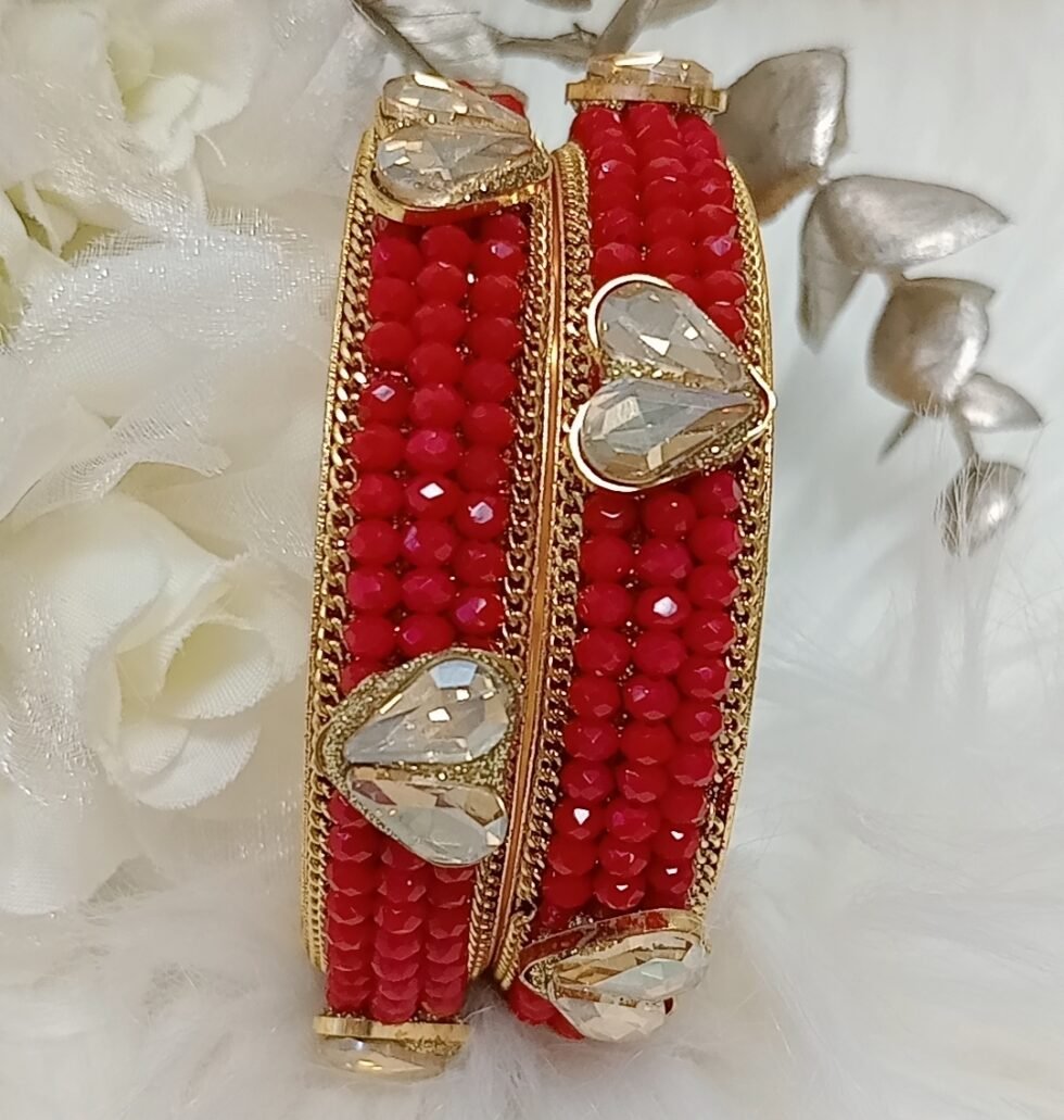 Goregous Golden Hearts Red Crystal Beaded 2pc Gold Indian Bangle Set