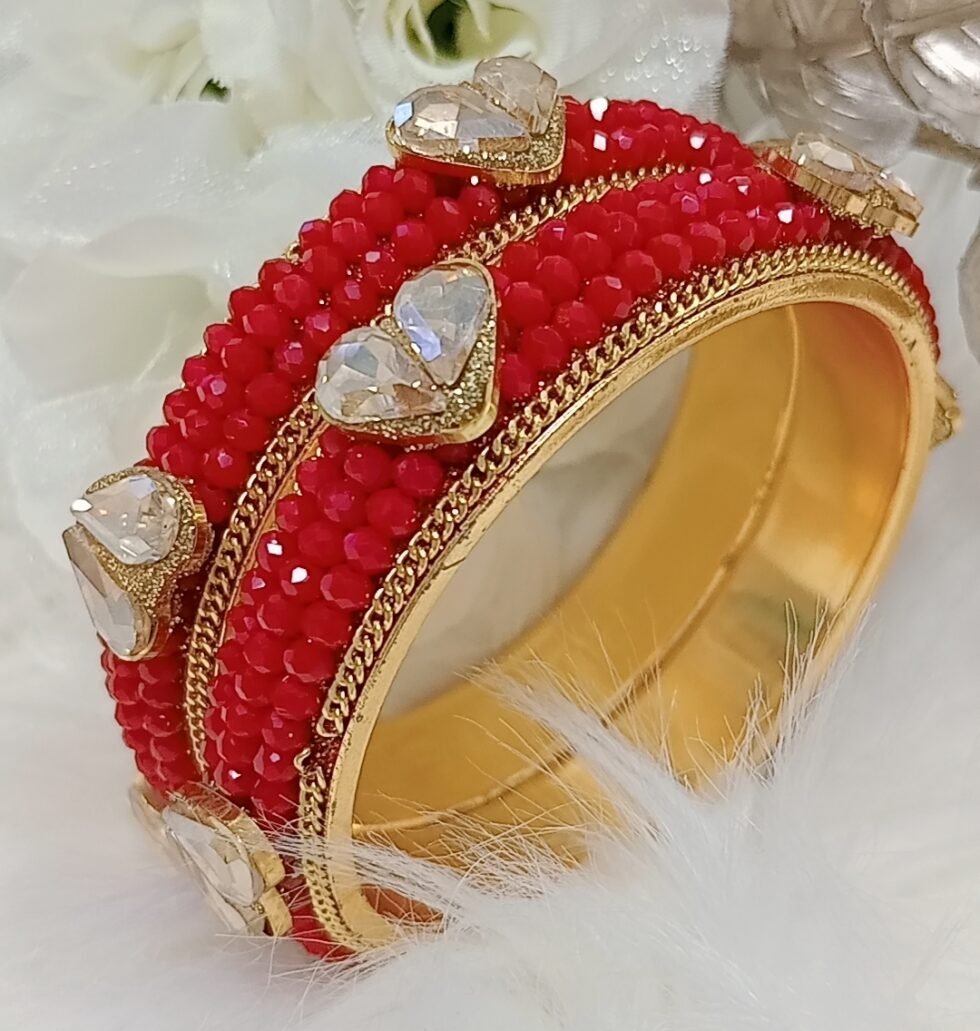 Goregous Golden Hearts Red Crystal Beaded 2pc Gold Indian Bangle Set