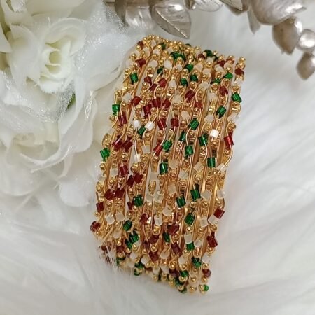 Maroon Green White Beaded 12pc Bangle Set