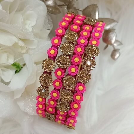 Mini Pink Yellow Flowers 4pc Bangle Set