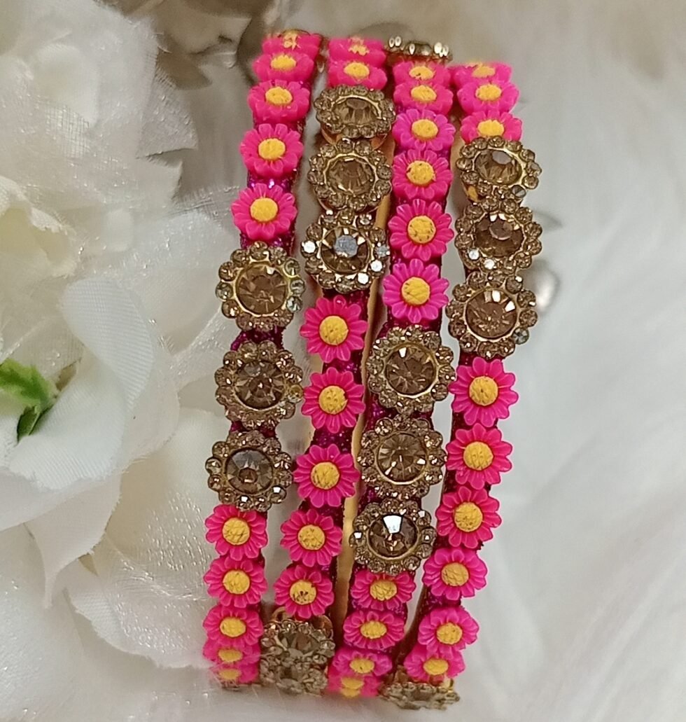 Mini Pink Yellow Flowers 4pc Bangle Set