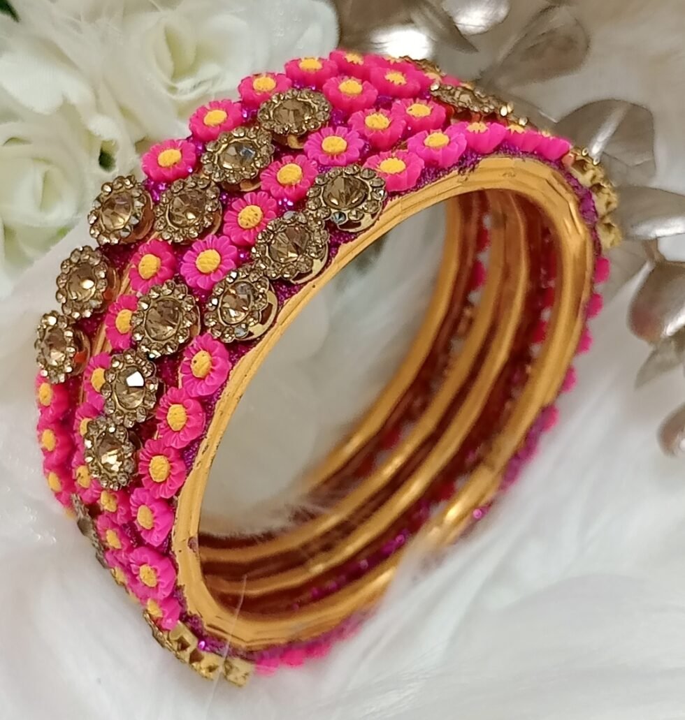 Mini Pink Yellow Flowers 4pc Bangle Set