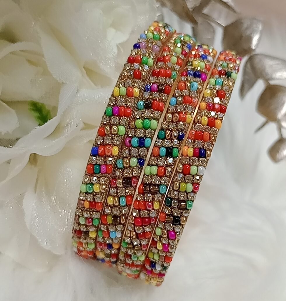 Multicolor Beaded Rhinestone 4pc Indian Bangle Set