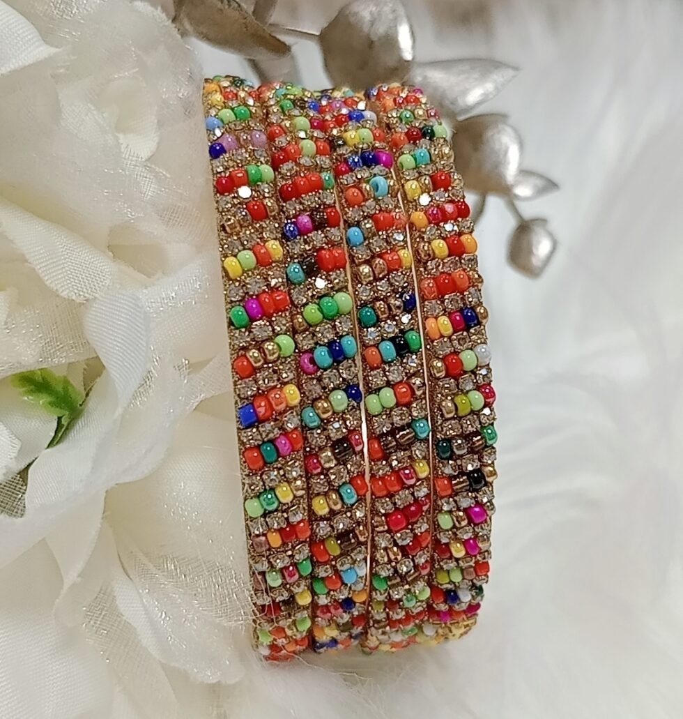 Multicolor Beaded Rhinestone 4pc Indian Bangle Set