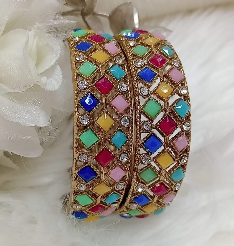 Multicolor Diamond Design Bronze Gold 2pc Indian Bangle Set