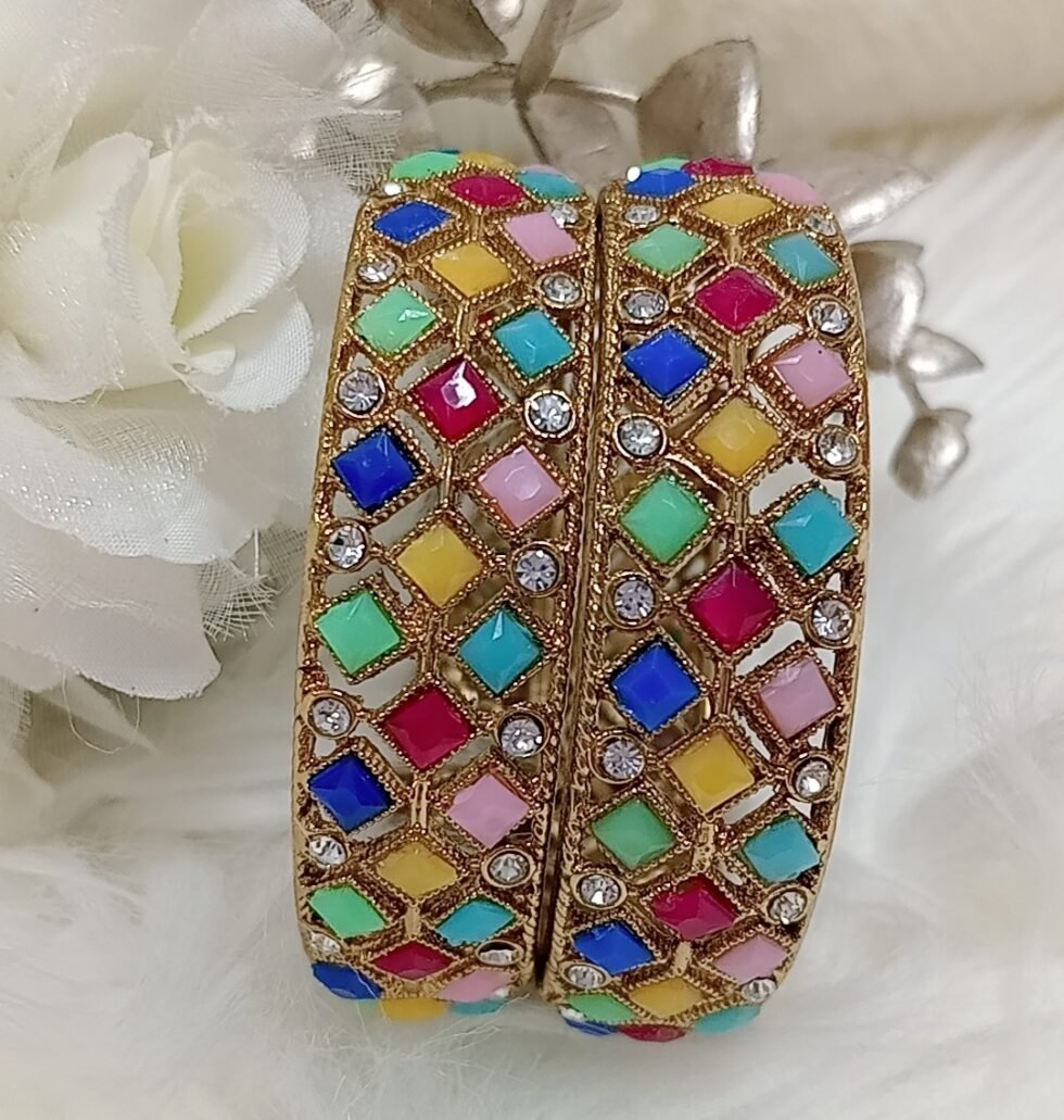 Multicolor Diamond Design Bronze Gold 2pc Indian Bangle Set