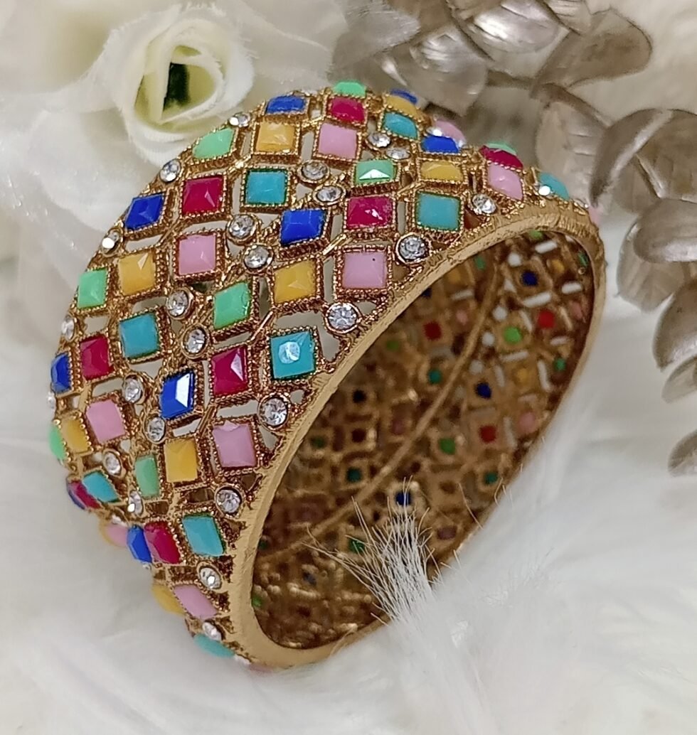 Multicolor Diamond Design Bronze Gold 2pc Indian Bangle Set