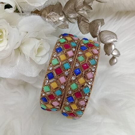Multicolor Diamond Design Bronze Gold 2pc Indian Bangle Set