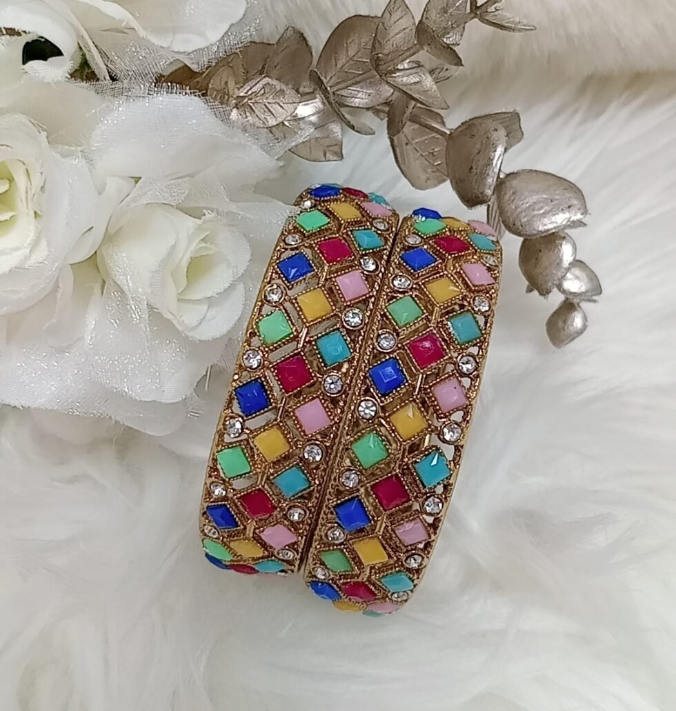 Multicolor Diamond Design Bronze Gold 2pc Indian Bangle Set