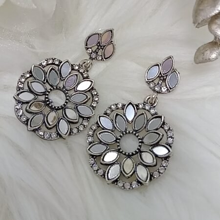 Oxidised Mirror Silver Chandbali Earrings
