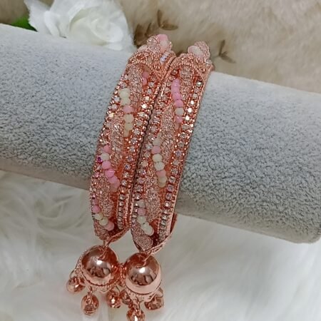 Pastel Pink Green Beaded Rhinestone 2pc Rose Gold Jhumka Bangle Set