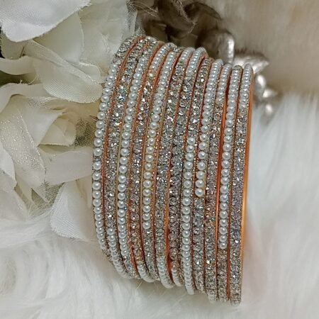 Pearl Rhinestone Thin 12pc Gold Bangle Set