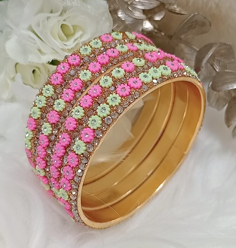 Cute Pink Green Mini Flowers 4pc Bangle Set