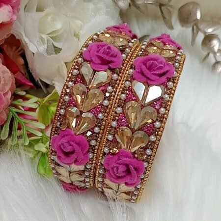 Pink Rose Hearts 2pc Gold Bangle Set