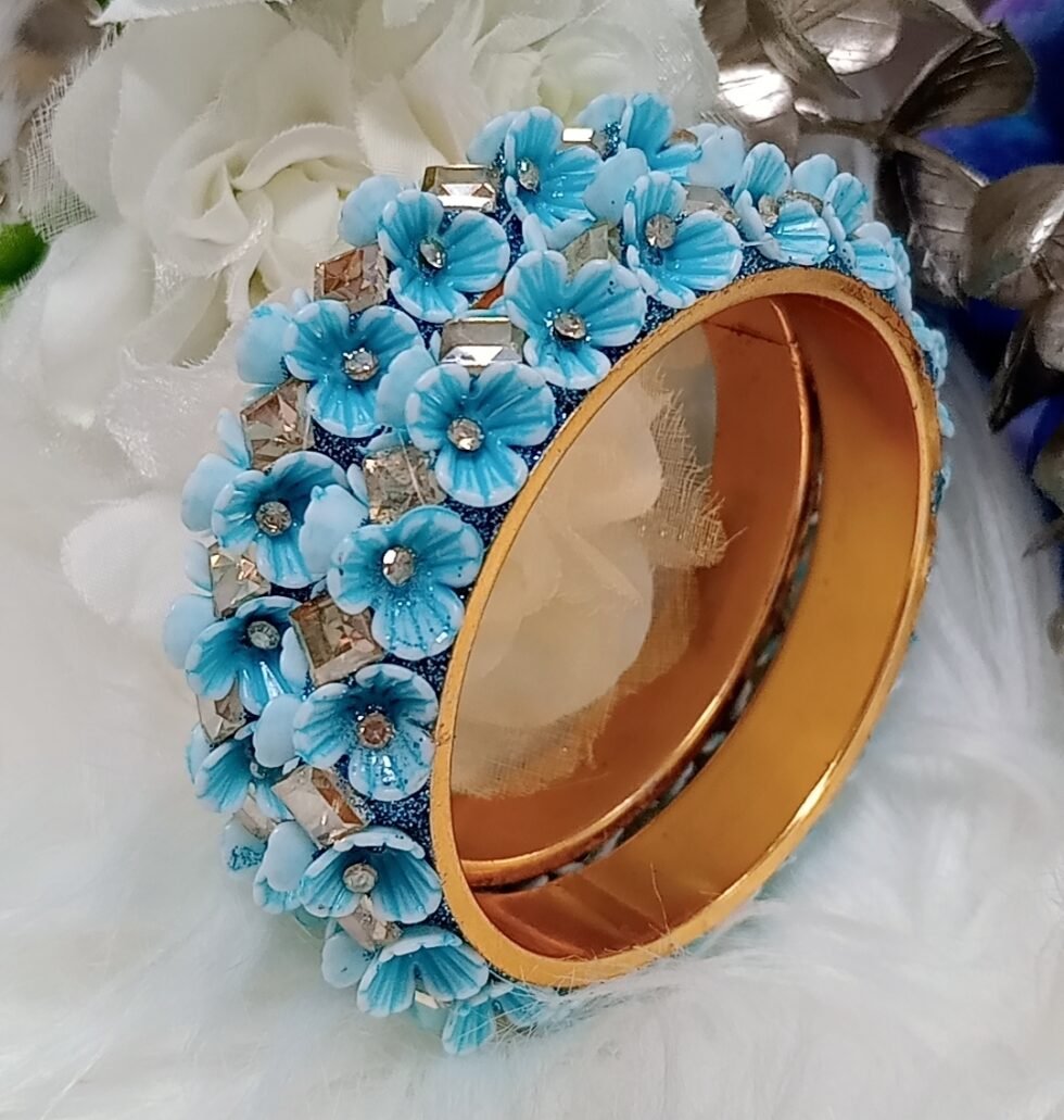 Premium Blue Gold Floral 2pc Bangle Set