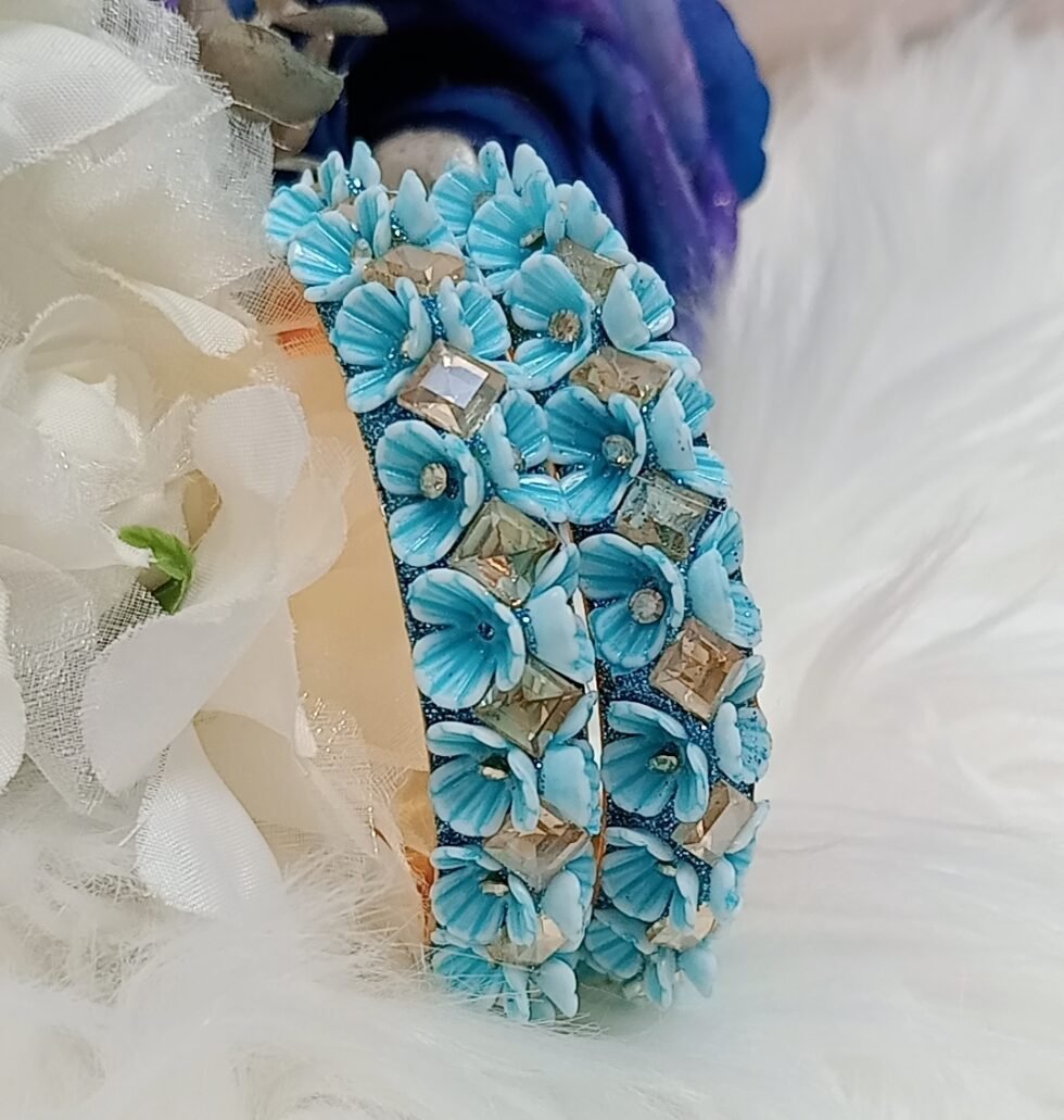 Premium Blue Gold Floral 2pc Bangle Set