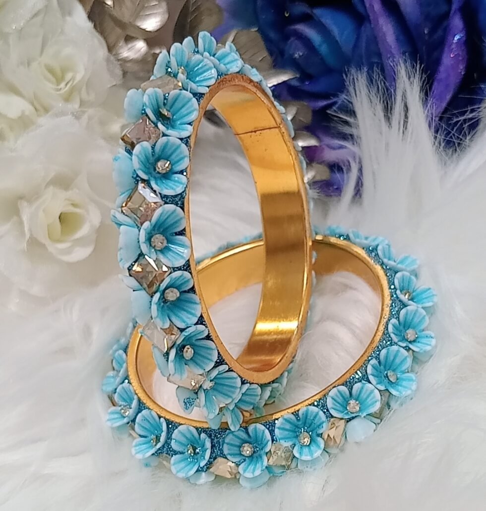 Premium Blue Gold Floral 2pc Bangle Set