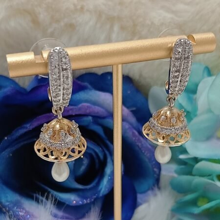Silver Gold Mix American Diamond Jhumki with Pearl
