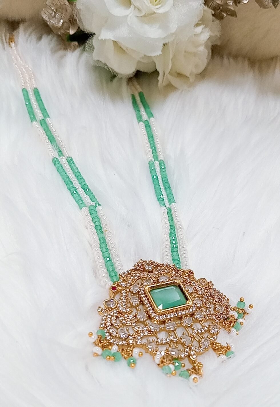 Blue Victorian Pendant Long Beaded Mala Necklace