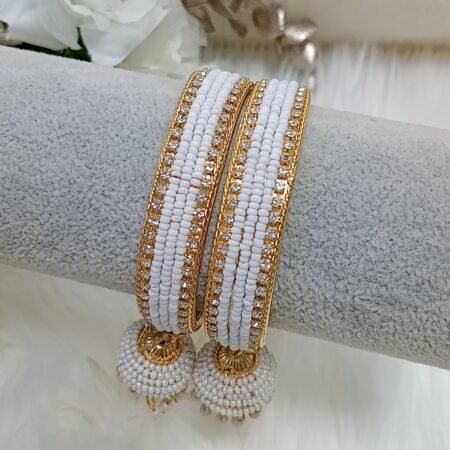 White Beaded Gold 2pc Jhumka Bangle Set