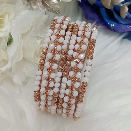 White Rose Gold Crystal Beaded 6pc Bangle Set