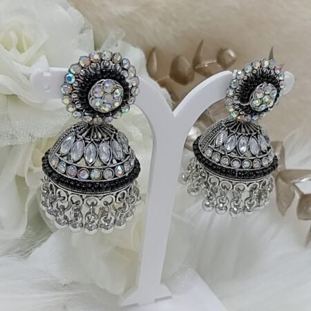 White Stone Black Beaded Silver Jhumka