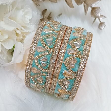 Light Blue Velvet Hearts 6pc Gold Bangle Set
