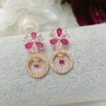 American Diamond Pink White Gold Plated Floral Earrings