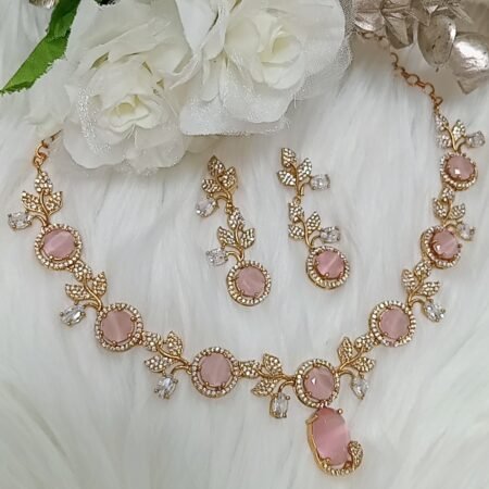Cubic Zirconia Baby Pink Gold Floral Design Necklace Set with Earrings
