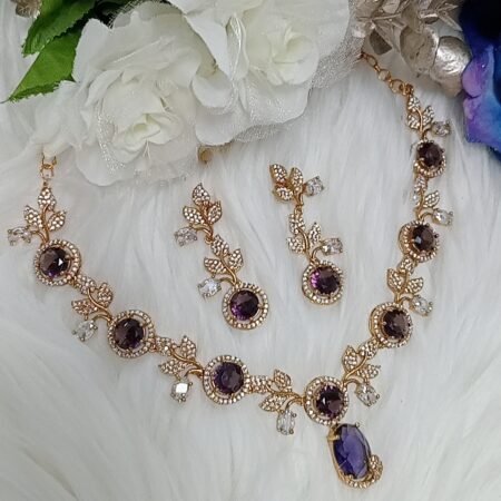 AD Dark Purple Gold Floral Design Necklace Set with Earrings