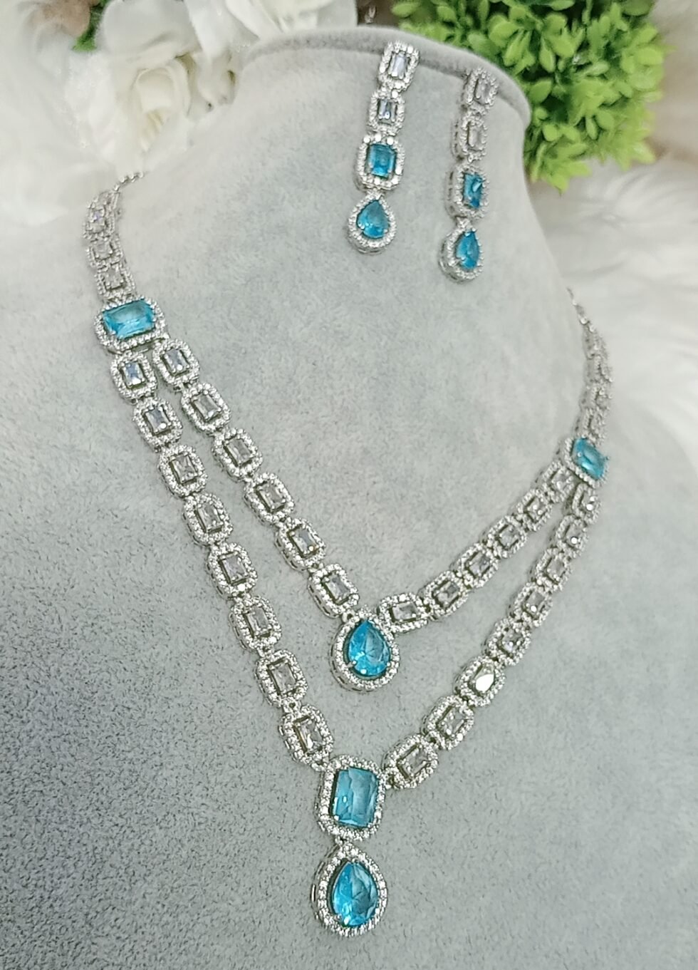 AD Dual Layer Blue Silver Necklace Set with Earrings