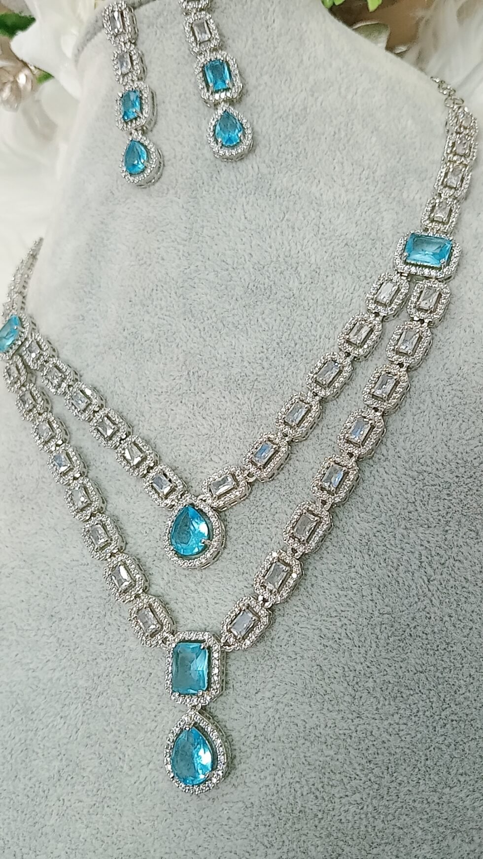 AD Dual Layer Blue Silver Necklace Set with Earrings